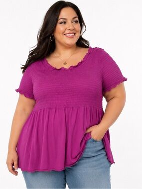 In Every Story 4X Magenta Smocked Babydoll Top Flutter Sleeve Stretch Comfort